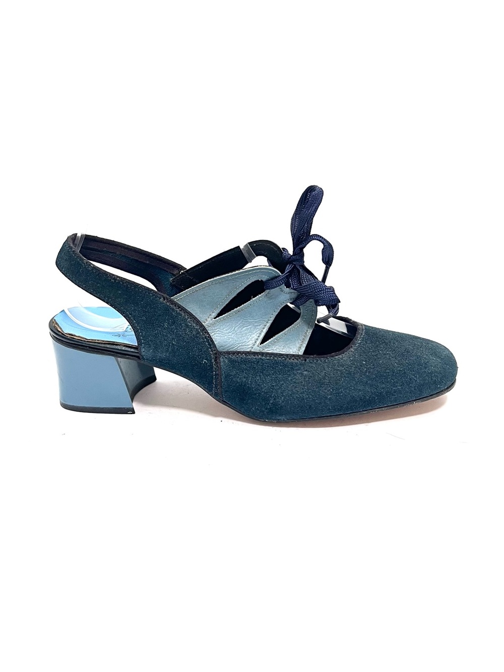 Vintage 1960s blue vegan suede cutout lace up slingback heels